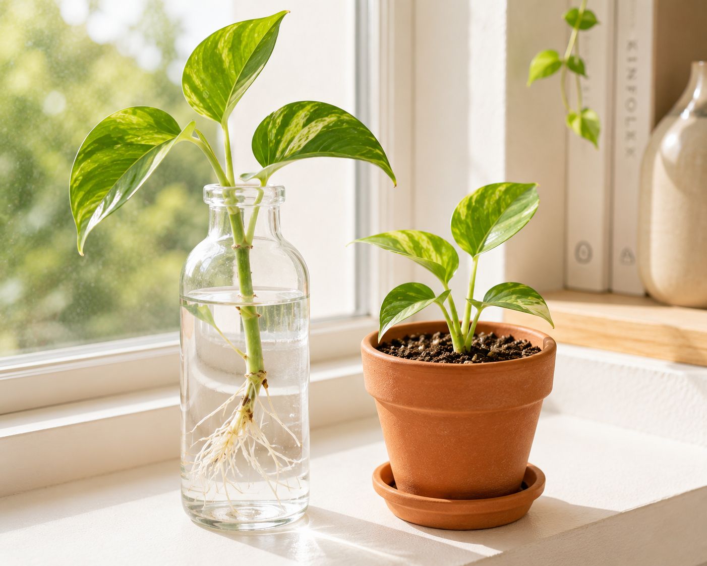Money plant cutting rooting in glass bottle of water