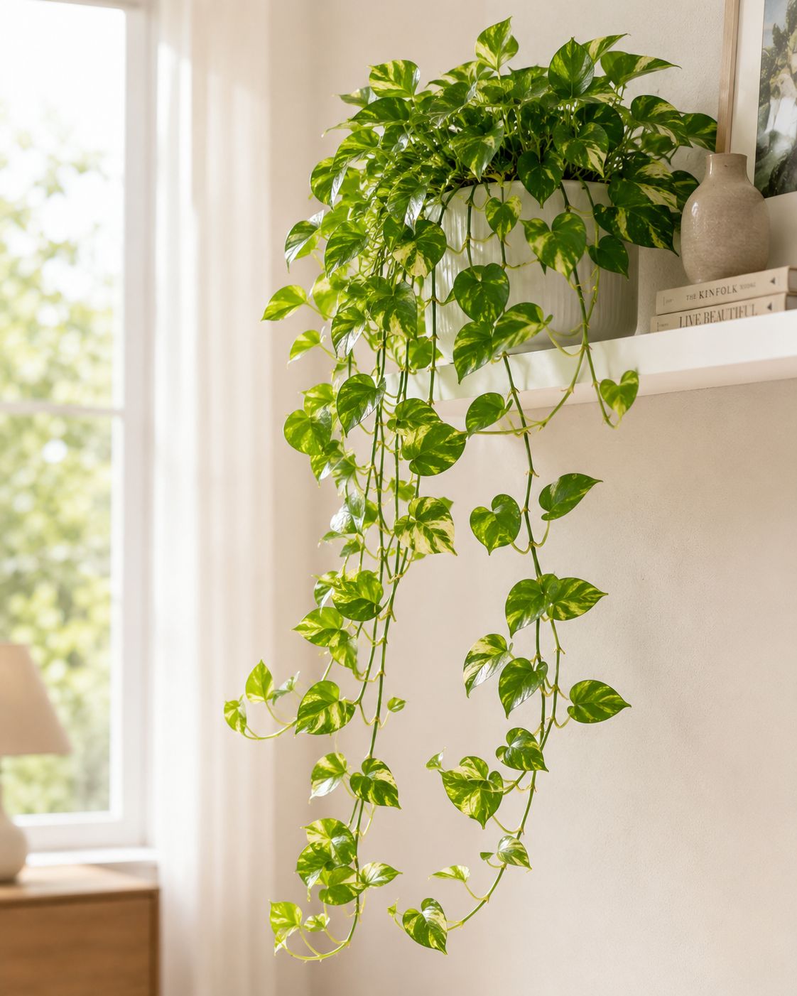 Money plant trailing from a shelf in indirect light