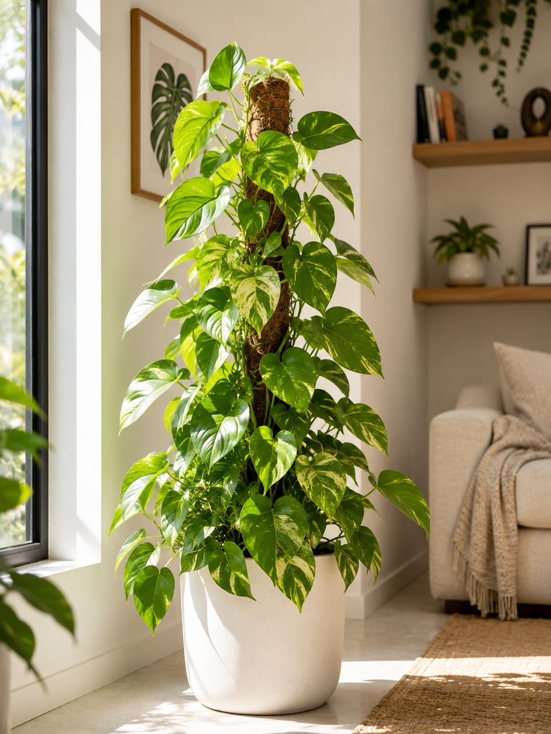 Large lush money plant climbing a wall with moss pole