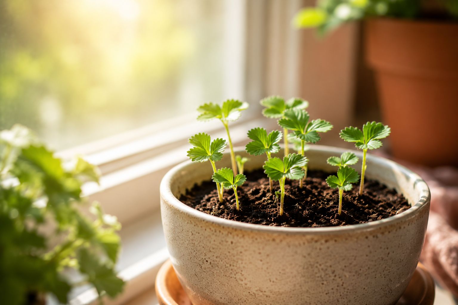 Tiny strawberry seedling sprouting