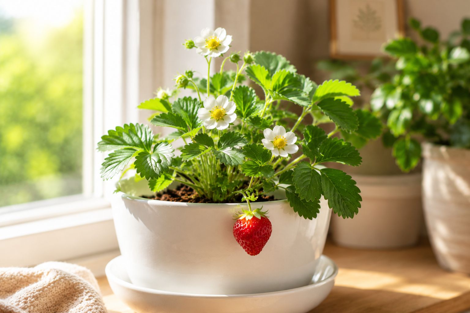 Strawberry plant with flowers and fruit
