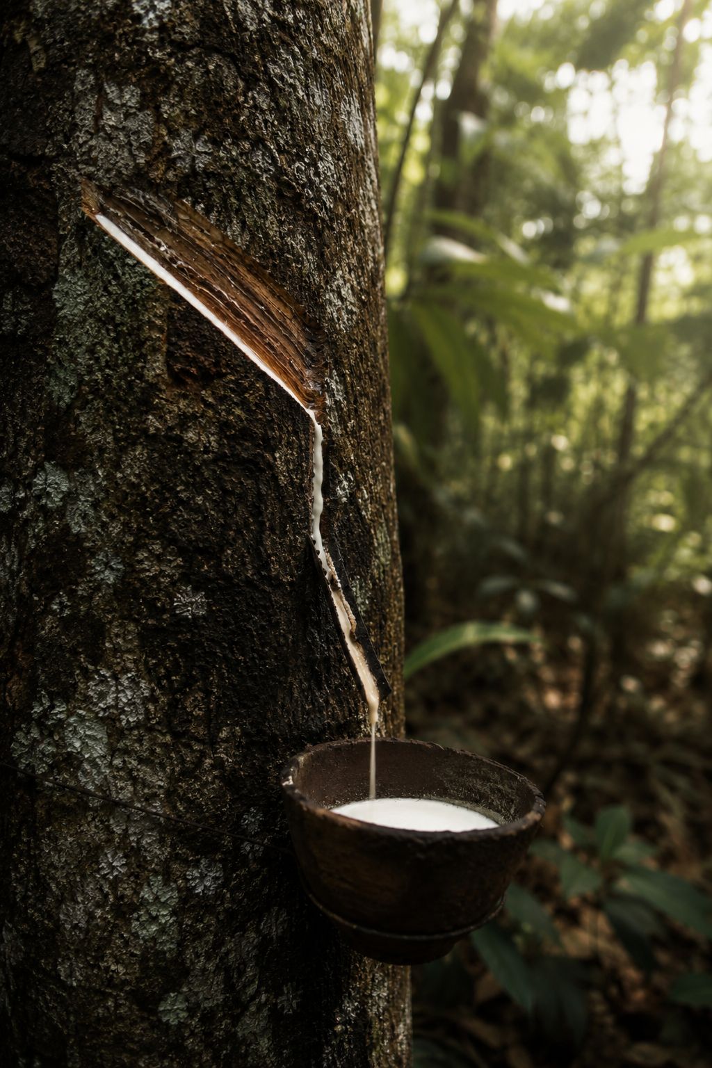 A close-up of a rubber tree trunk being tapped, a diagonal cut in the grey bark with white latex running slowly down into a small clay collection cup, tropical forest light filtering through leaves above, documentary photography, warm and atmospheric