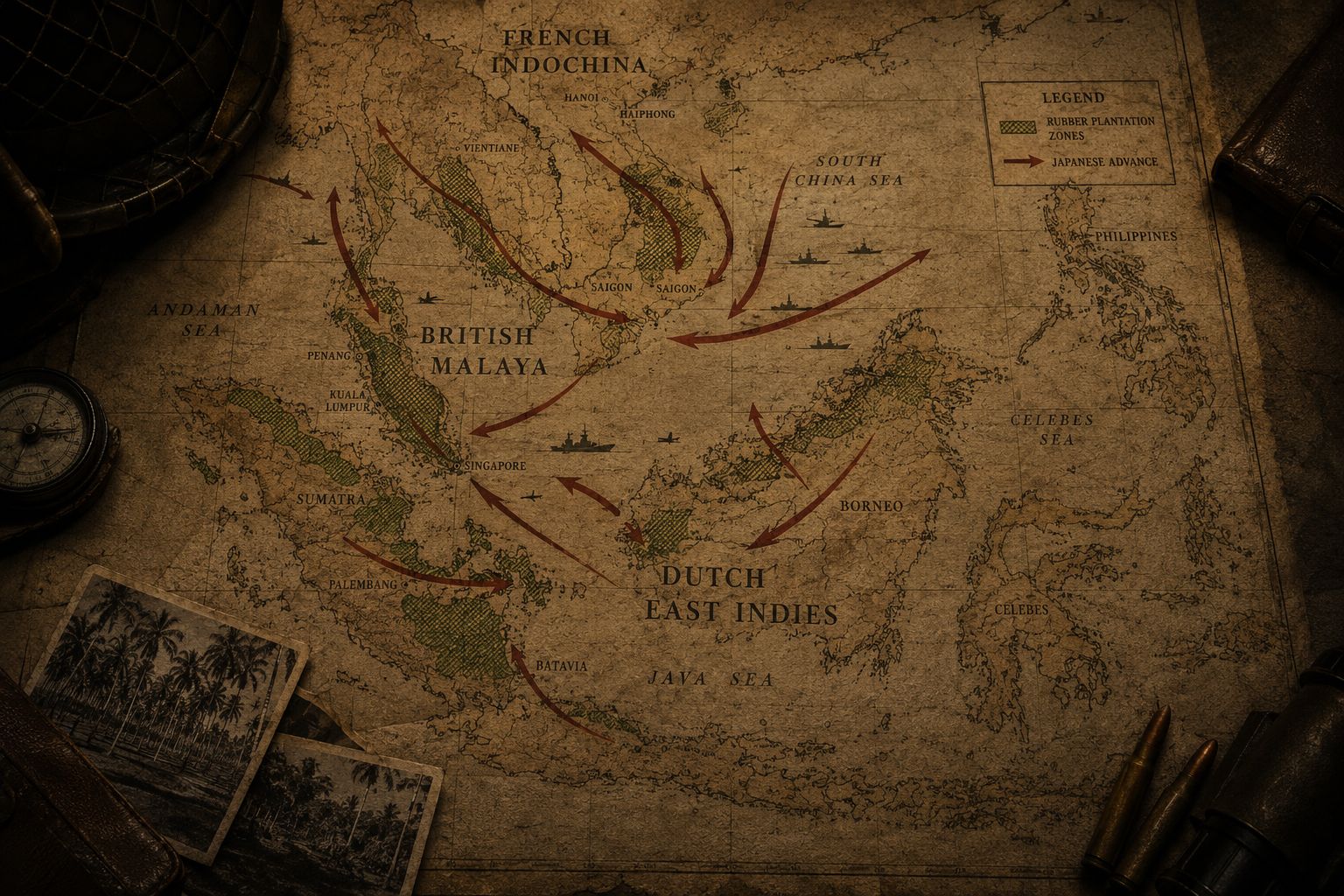 A vintage wartime map of Southeast Asia with British Malaya, Dutch East Indies, and French Indochina highlighted, rubber plantation zones marked, military movement arrows overlaid, dramatic editorial dark lighting, historical documentary style