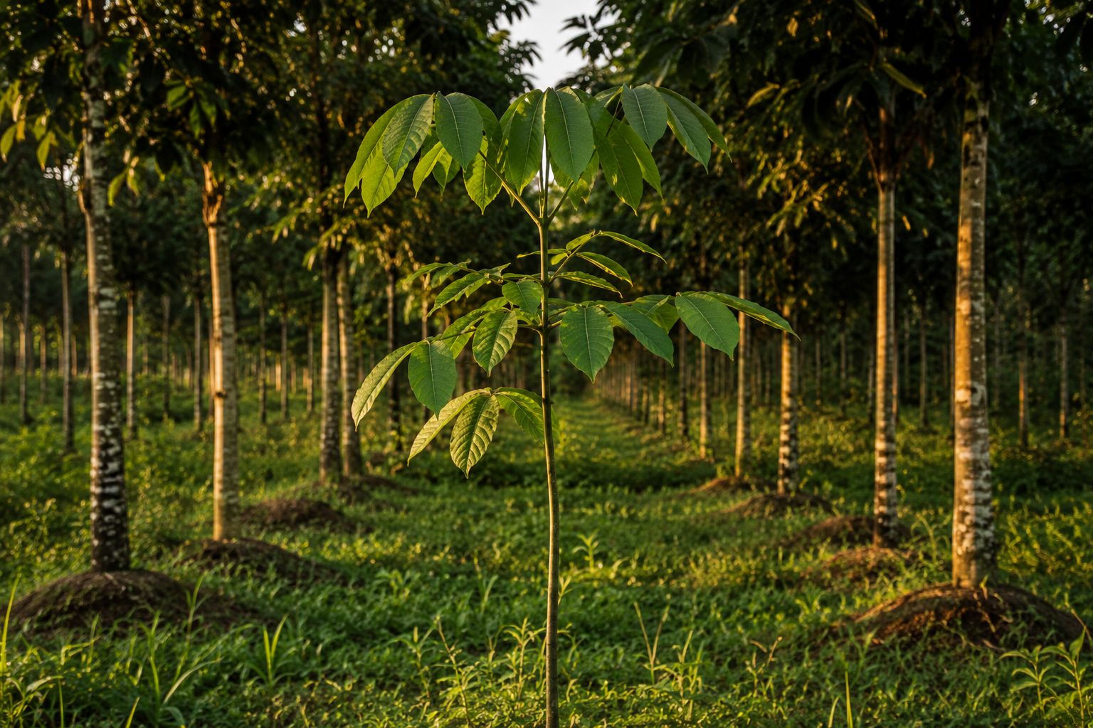 A young rubber tree Hevea brasiliensis in a tropical plantation, tall and elegant with its distinctive three-lobed leaves, being carefully tended, lush green surroundings, documentary photography, warm tropical light