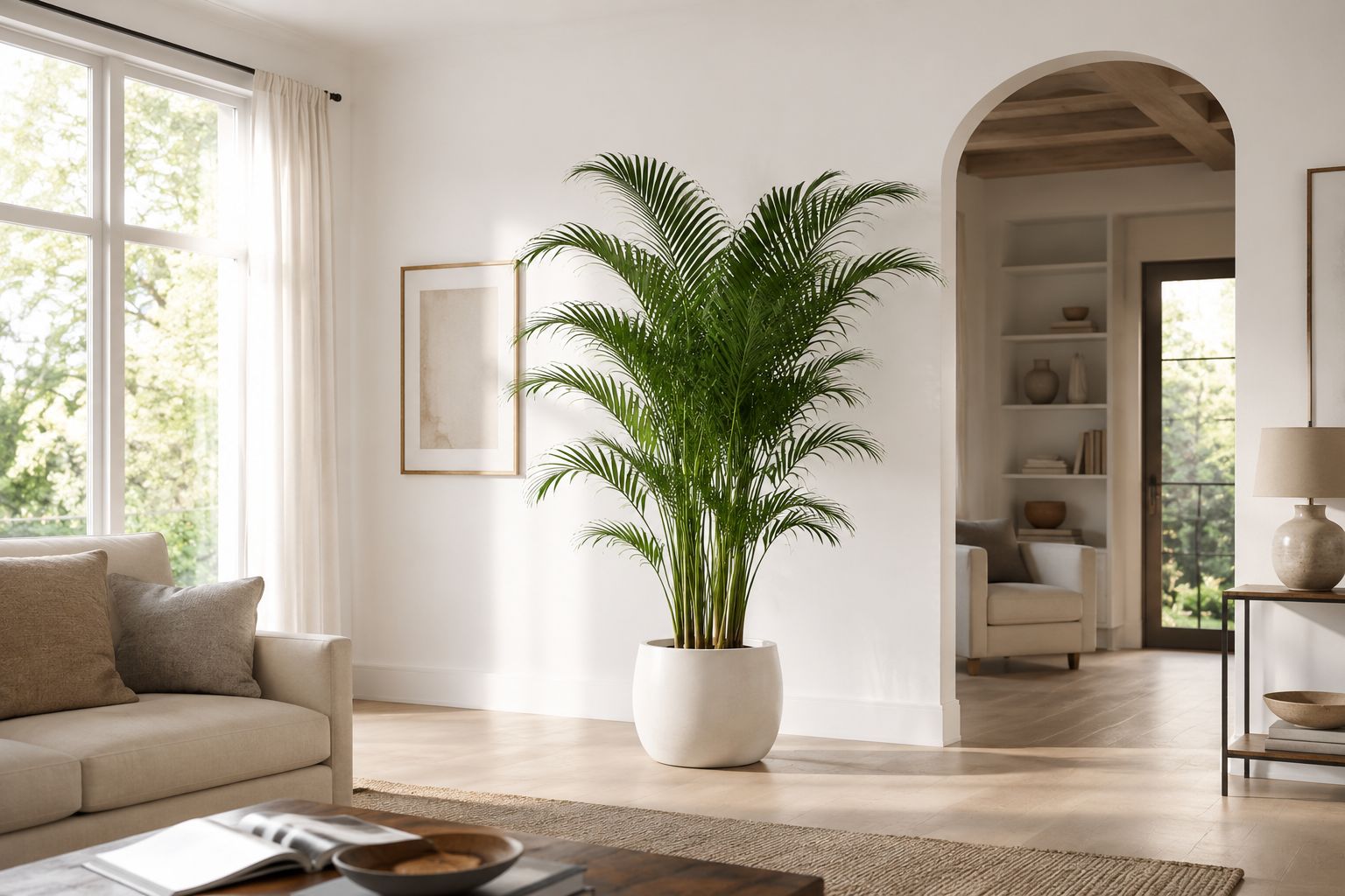 Tall areca palm with arching feathery fronds placed a few feet back from a large east-facing window in a bright modern living room, morning sunlight filtering softly through the fronds, clean minimal interior, lifestyle photography