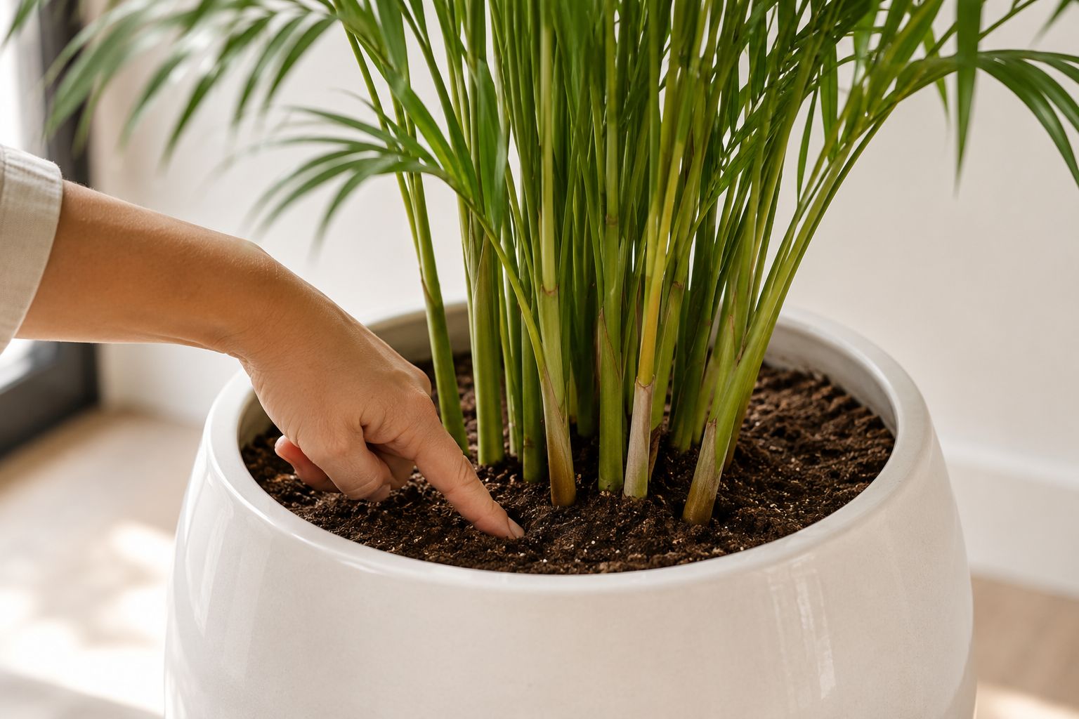 A finger testing the soil in an areca palm pot, pressing into the top inch of slightly drying potting mix, bright natural indoor light, close-up lifestyle photography