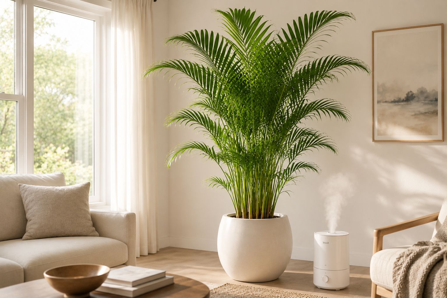 Areca palm in a bright living room with a small humidifier running beside it, the lush fronds clearly benefiting from the moisture-rich air, warm natural light, lifestyle photography