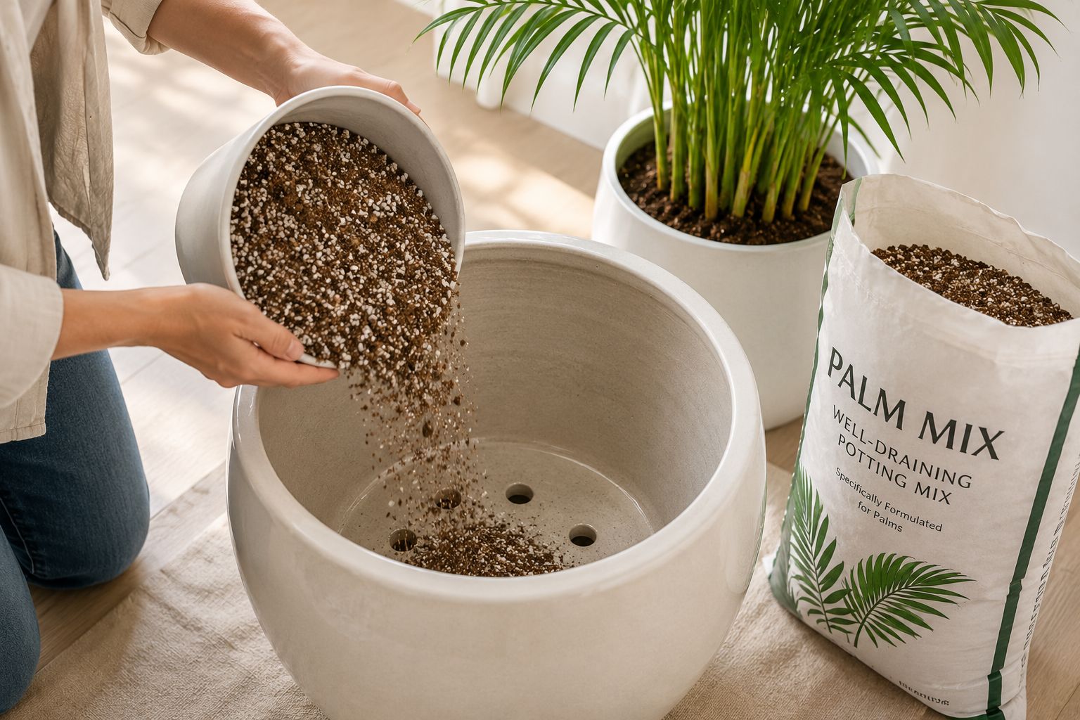 Hands filling a large ceramic pot with a palm-specific well-draining potting mix for areca palm repotting, perlite and compost visible in the mix, bright natural light, clean lifestyle photography
