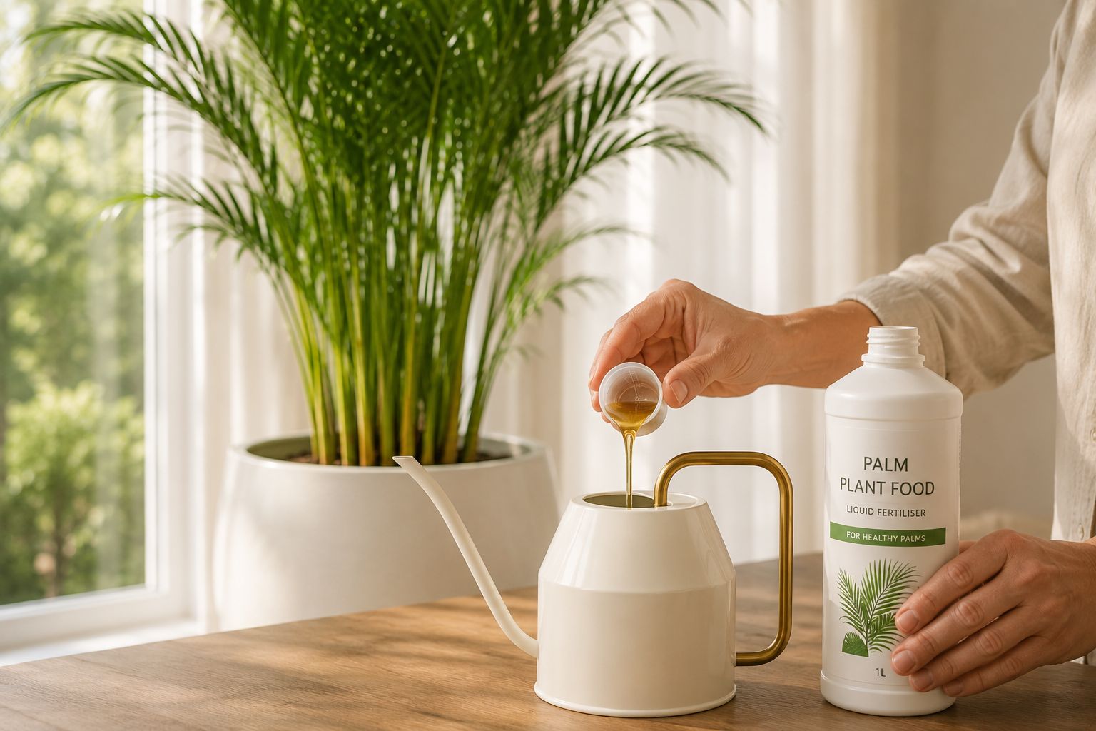 Hands carefully measuring a small amount of palm-specific liquid fertiliser into a watering can beside a healthy areca palm in spring, bright natural light, clean lifestyle photography