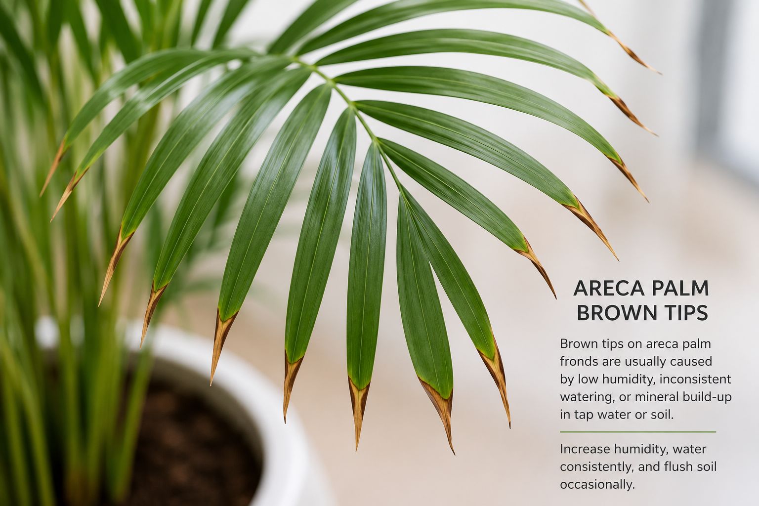 Close-up of areca palm frond tips showing classic brown tip browning — the very ends of the narrow leaflets turned dry and brown — with healthy green continuing up the frond, educational lifestyle photography