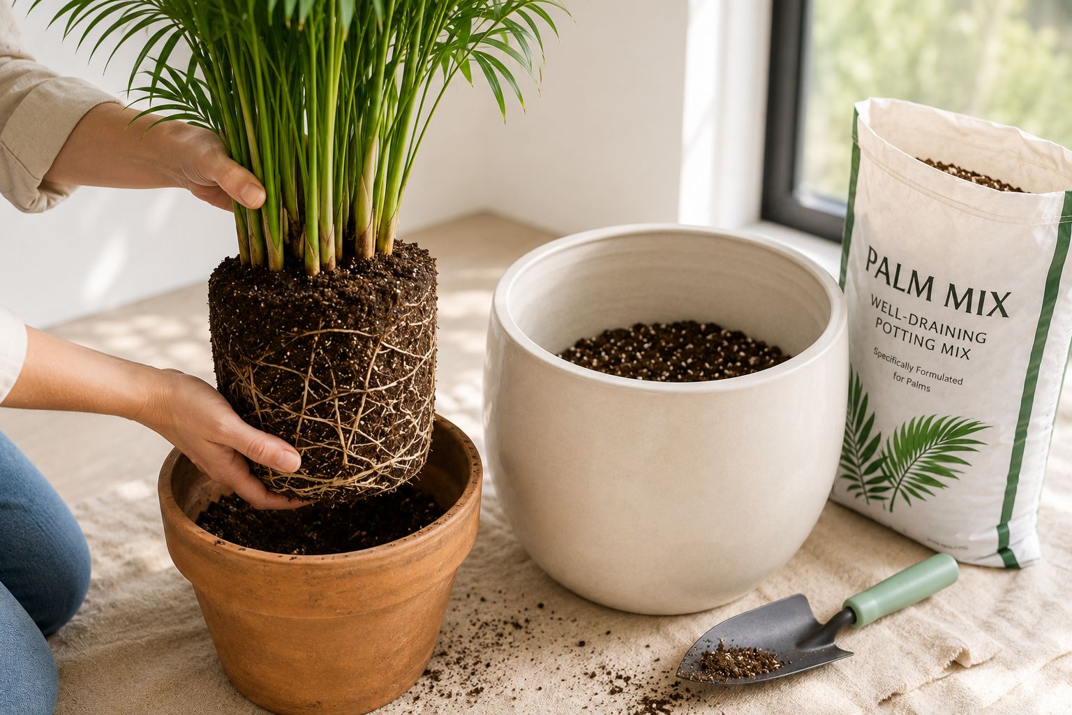 Areca palm being carefully removed from its current pot for repotting, the root ball visible with roots just beginning to circle the base, a new slightly larger pot with fresh palm mix beside it, bright natural light, educational lifestyle photography