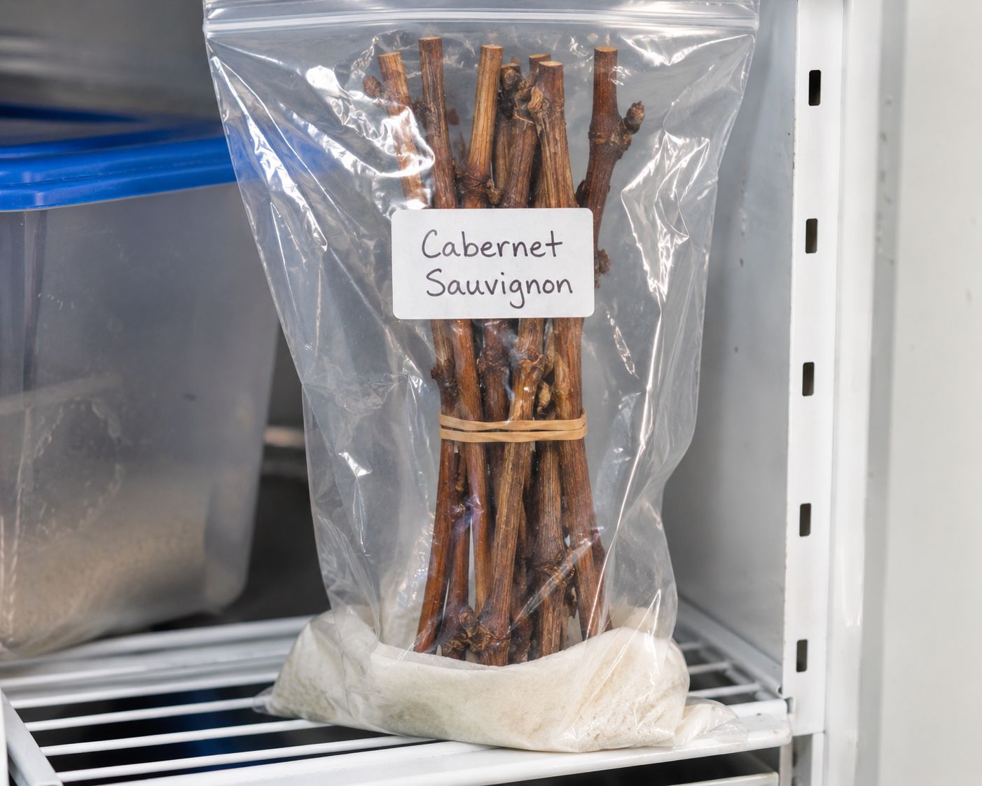A small bundle of dormant grape cuttings tied together with a rubber band, stored vertically in a plastic bag with slightly damp paper towel wrapped around the base, labelled with variety name, in a cool garage or refrigerator
