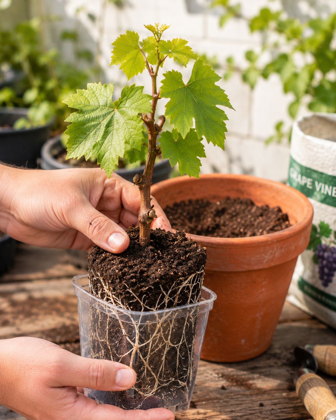 A young grapevine cutting with several healthy green leaves and visible white roots growing through the sides of a small pot, being carefully removed for transplanting into a larger container outdoors, bright natural light, lifestyle photography