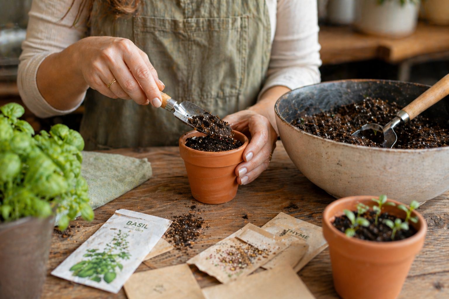 filling a small terracotta pot with light, fine seed-starting mix