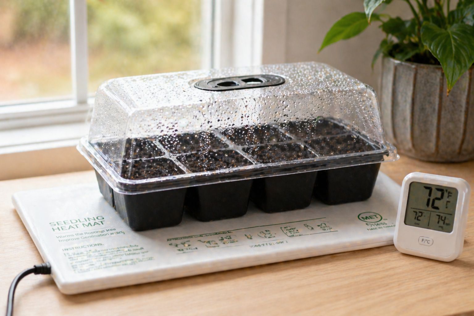 A seed tray covered with a clear plastic humidity dome sitting on a white seedling heat mat, placed near a window with soft diffused light