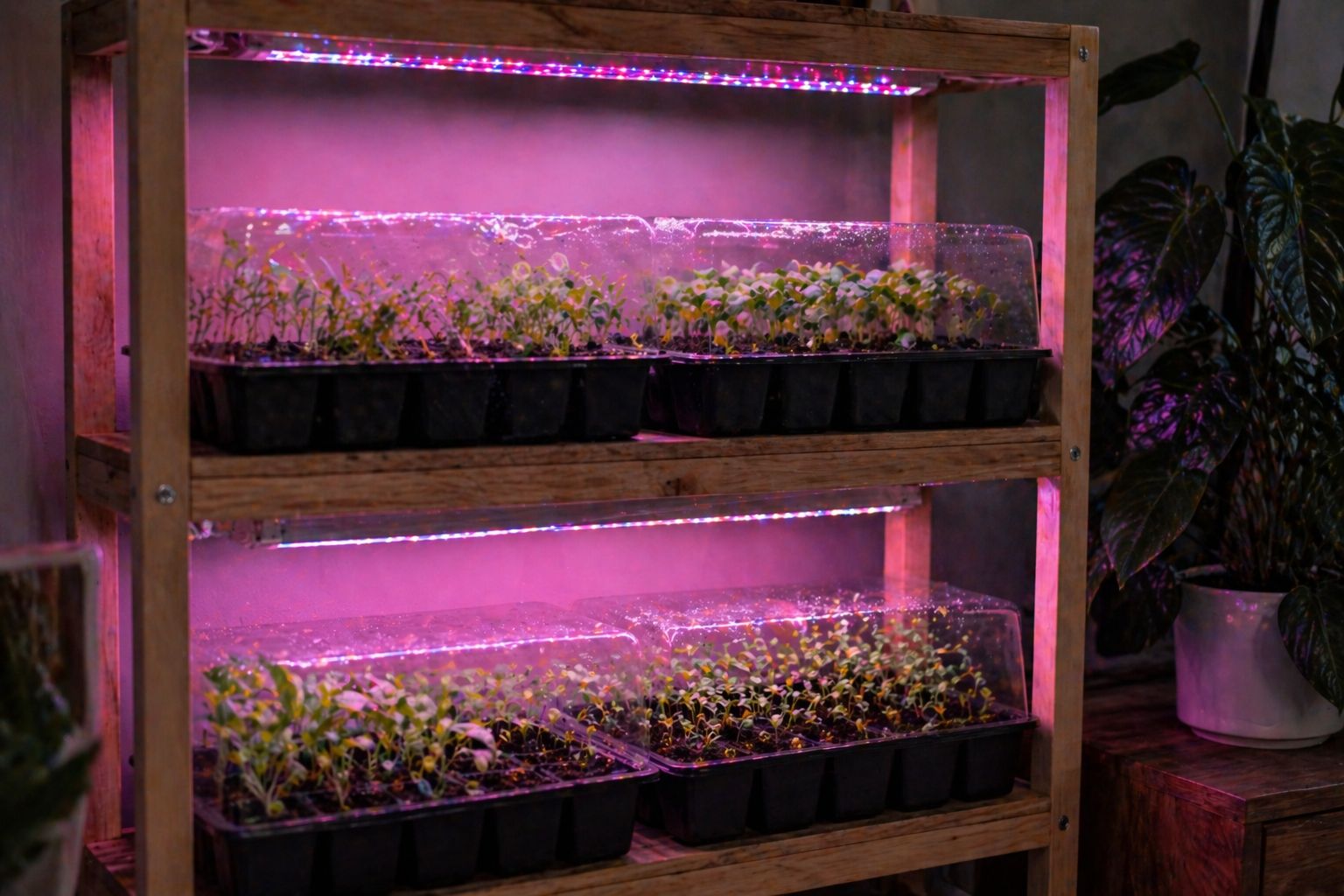 A wooden shelving unit with two tiers, each tier holding seed trays with small green seedlings at 1–2 inch height.