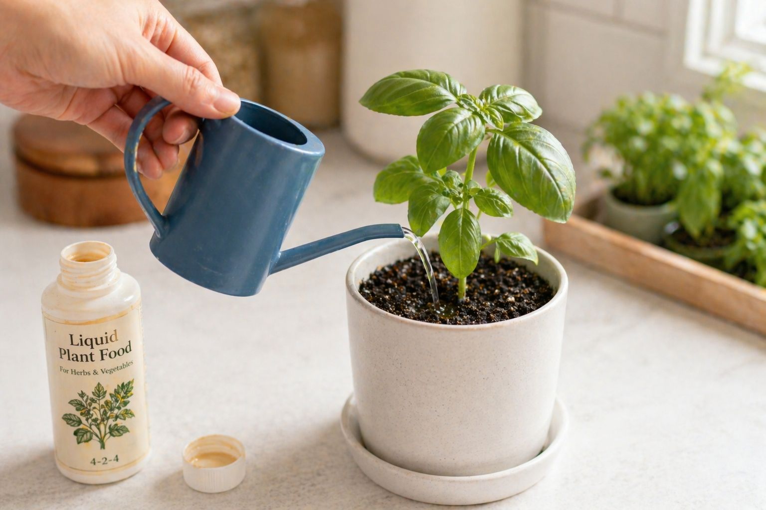 A hand holding a small blue watering can with a thin spout, carefully pouring liquid fertilizer into a white pot containing a healthy 3-inch basil seedling with two sets of true leaves