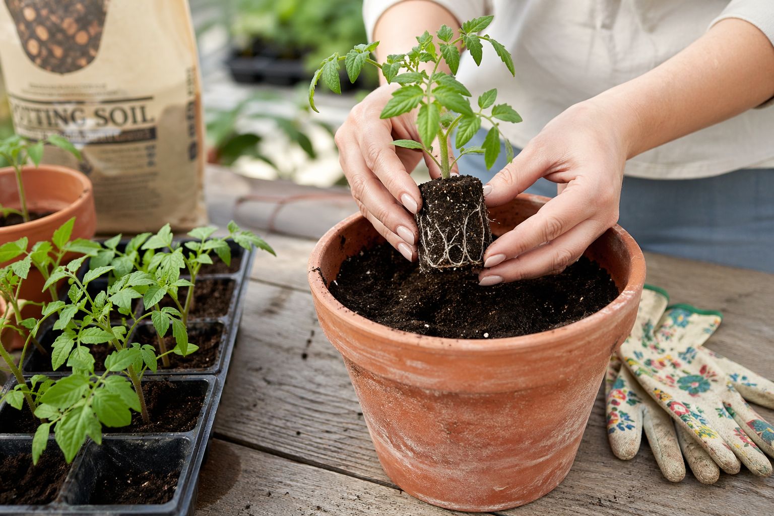 carefully lifting a small tomato seedling with a root ball intact from a small seed tray cell, and placing it into a larger terracotta pot half-filled with rich dark potting soil