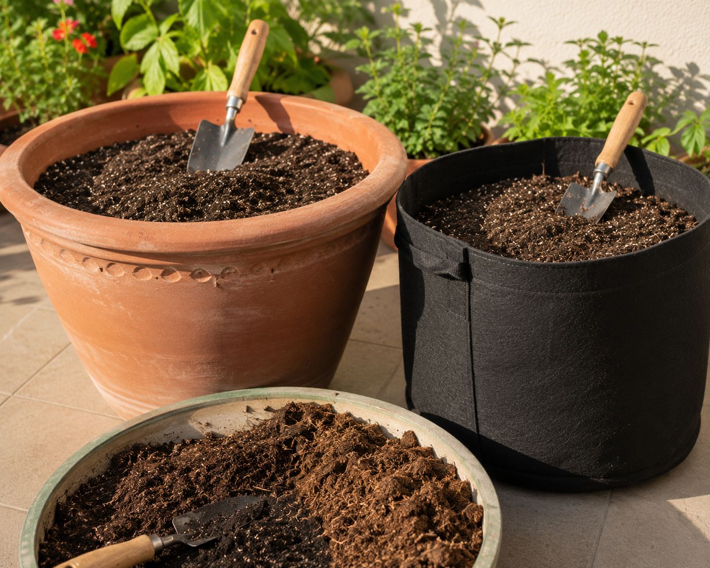 A large deep terracotta or dark fabric grow bag being filled with rich dark potting mix and compost on a sunny patio, ready for okra planting, bright natural light, clean lifestyle photography