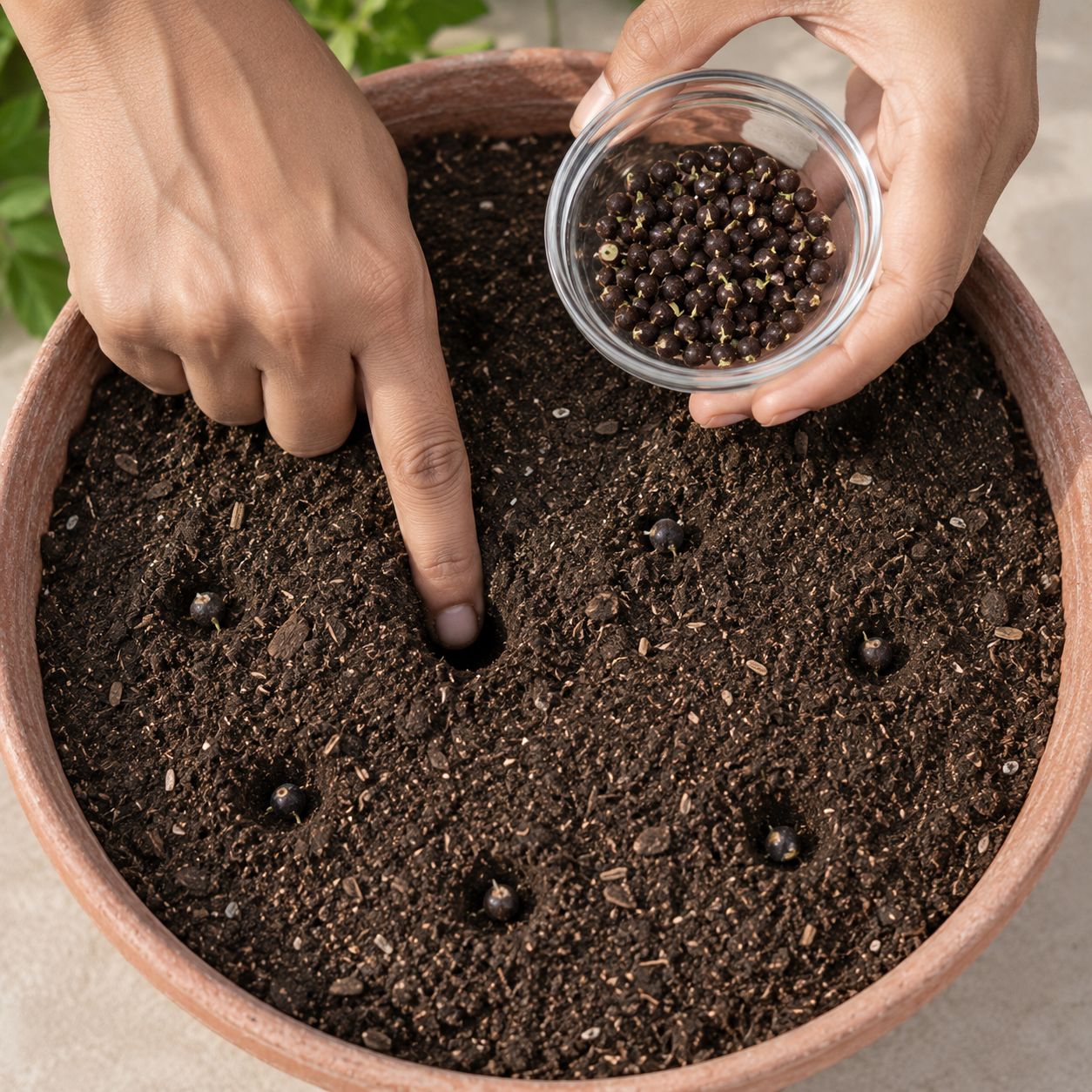 Hands pressing soaked okra seeds into dark potting soil in a large pot, two seeds per hole about 2.5 cm deep, bright natural outdoor light, top-down close-up lifestyle photography