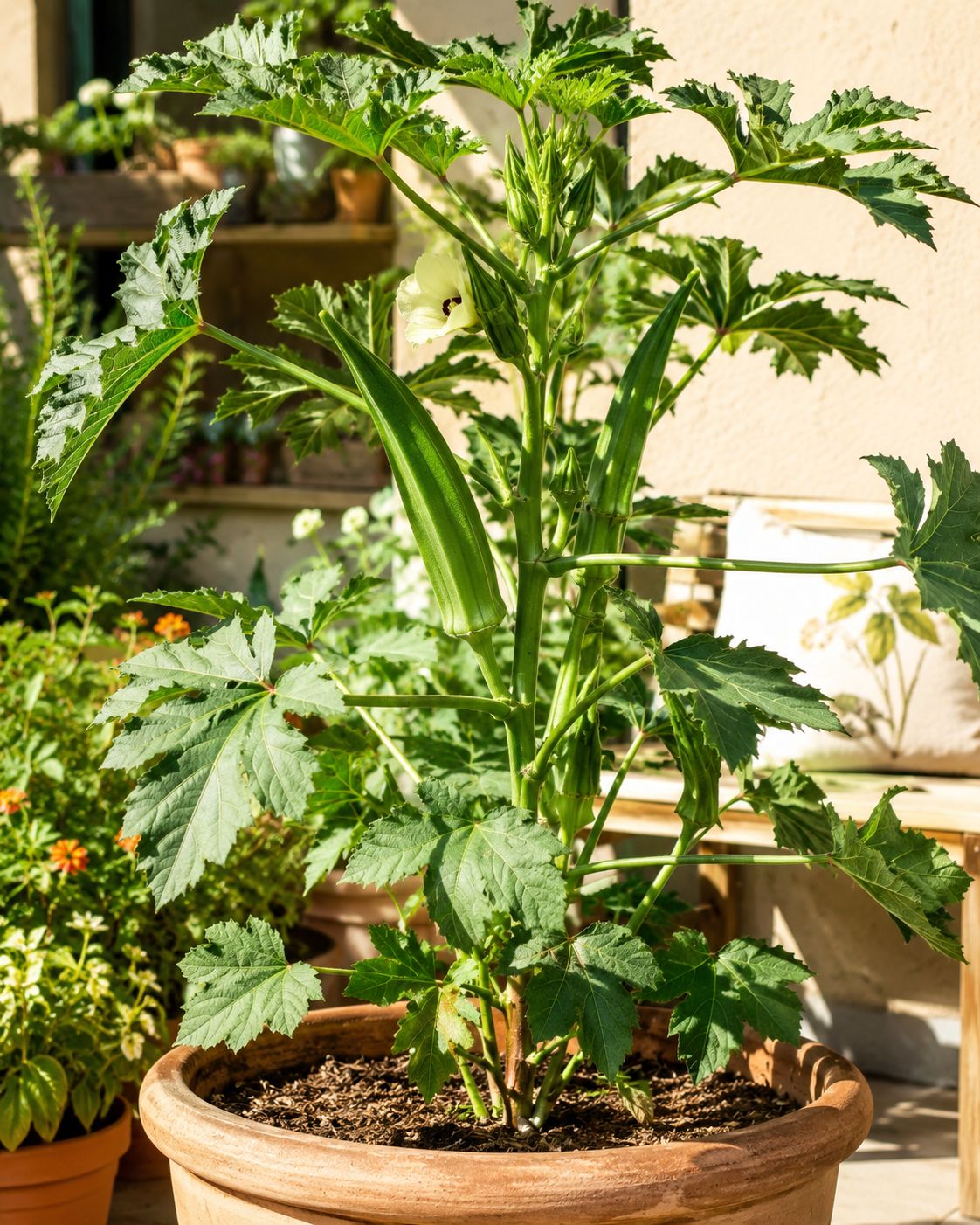 Healthy tall okra plant with large lobed leaves and several long green pods at different stages of development, growing in a large pot in full afternoon sun, warm lifestyle photography