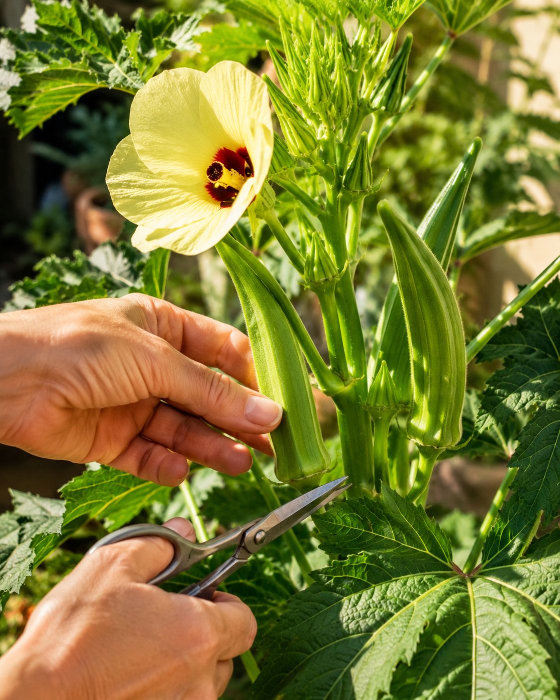 Hands using small scissors to cut a tender green okra pod cleanly from the plant, several other pods of different sizes visible on the same plant, bright afternoon sunlight, close-up lifestyle photography