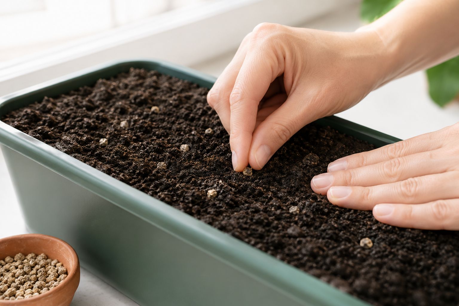 Sowing spinach seeds into soil