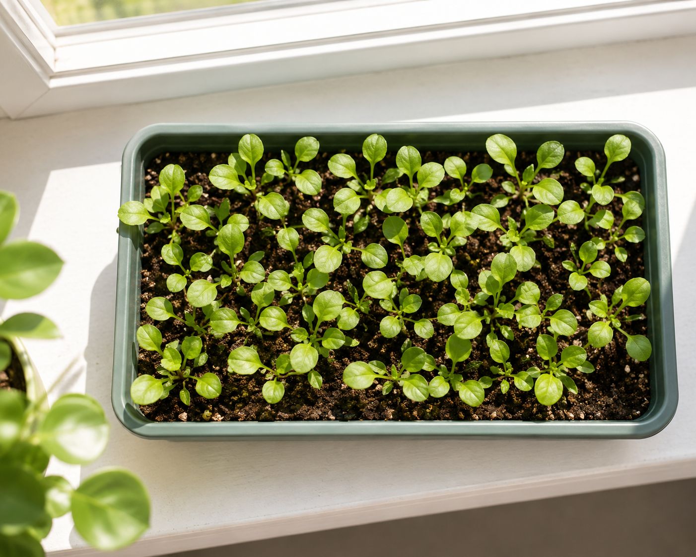 Spinach seedlings growing near a window