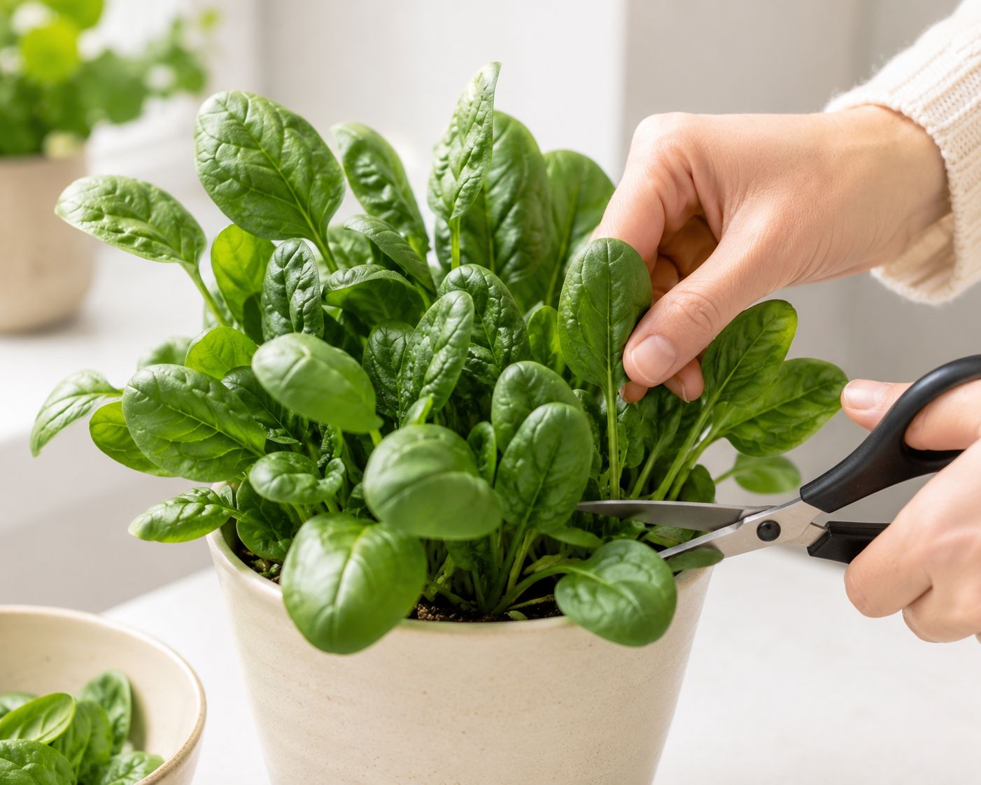 Harvesting fresh spinach leaves