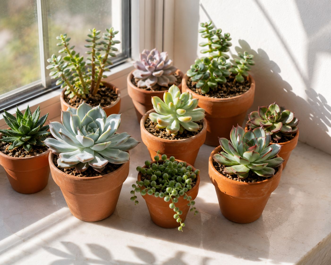 A collection of succulents in small terracotta pots placed directly on a bright south-facing Pakistani windowsill, strong morning sunlight casting shadows from the leaves, clean white wall background, lifestyle photography
