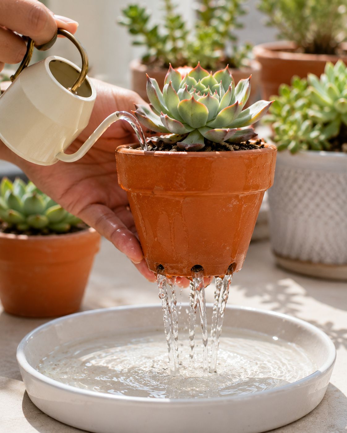 A succulent pot being watered thoroughly from above until water flows freely from the drainage hole below, the pot sitting on a tray to catch the runoff, bright natural light, close-up lifestyle photography