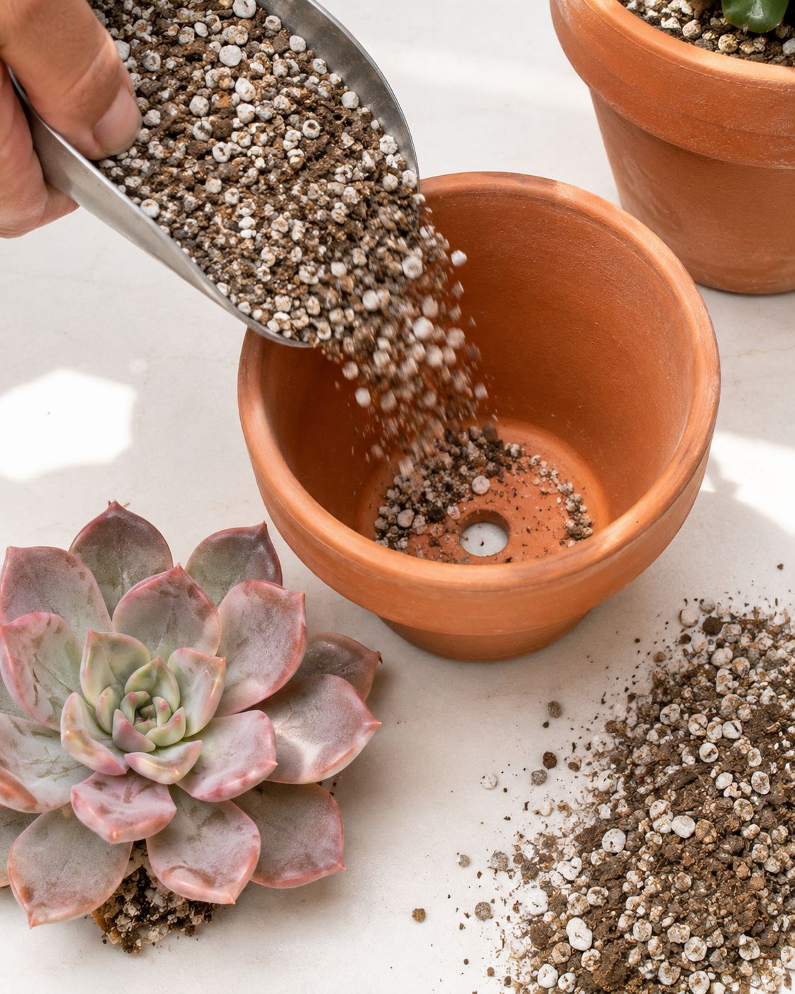 Close-up of a terracotta pot being filled with a gritty cactus and perlite mix, drainage hole clearly visible at the base, a small echeveria succulent ready to be planted beside it, bright natural light, clean lifestyle photography