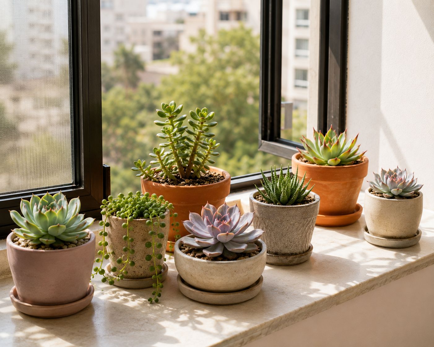 Healthy succulent collection on a windowsill in a well-ventilated Pakistani apartment, a small fan visible in the background, bright morning light, clean minimal interior, lifestyle photography