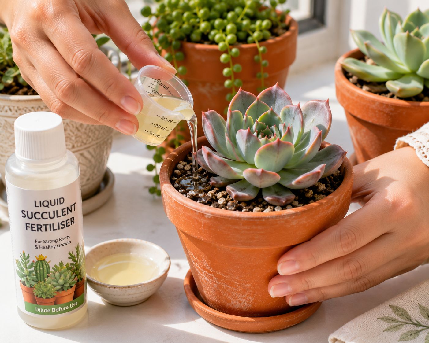 Hands applying diluted liquid fertiliser to a succulent pot from a small watering can, monthly feeding of a small echeveria collection on a windowsill, bright natural light, clean lifestyle photography