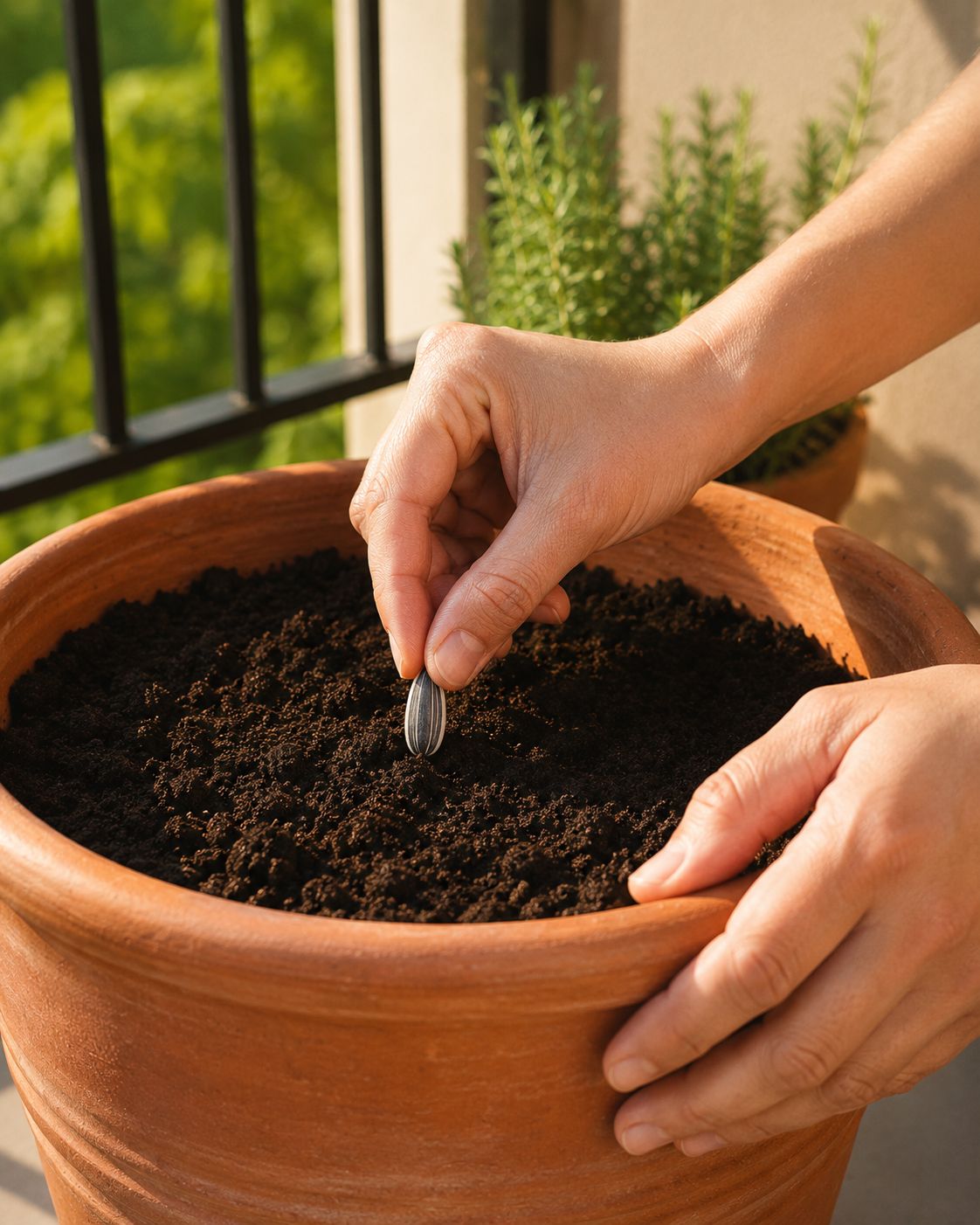 Hands pressing sunflower seed into soil