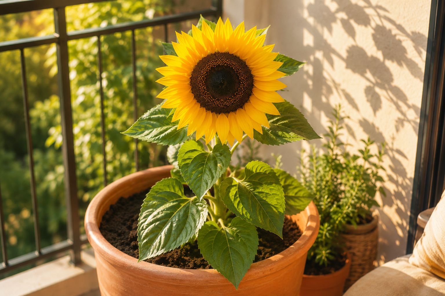 Fully bloomed sunflower in pot on sunny balcony