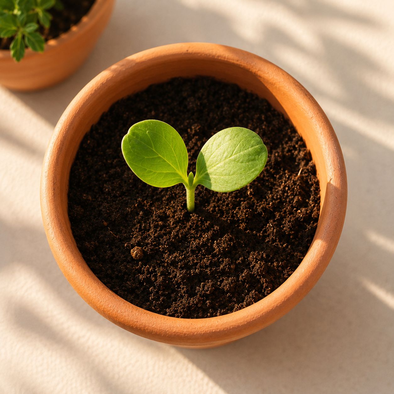 Young sunflower seedling growing in pot