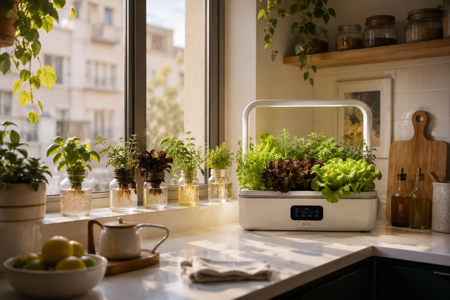 Cozy apartment kitchen windowsill lined with small hydroponic jars and a compact countertop smart garden growing herbs and lettuce, warm afternoon light, tidy and modern styling
