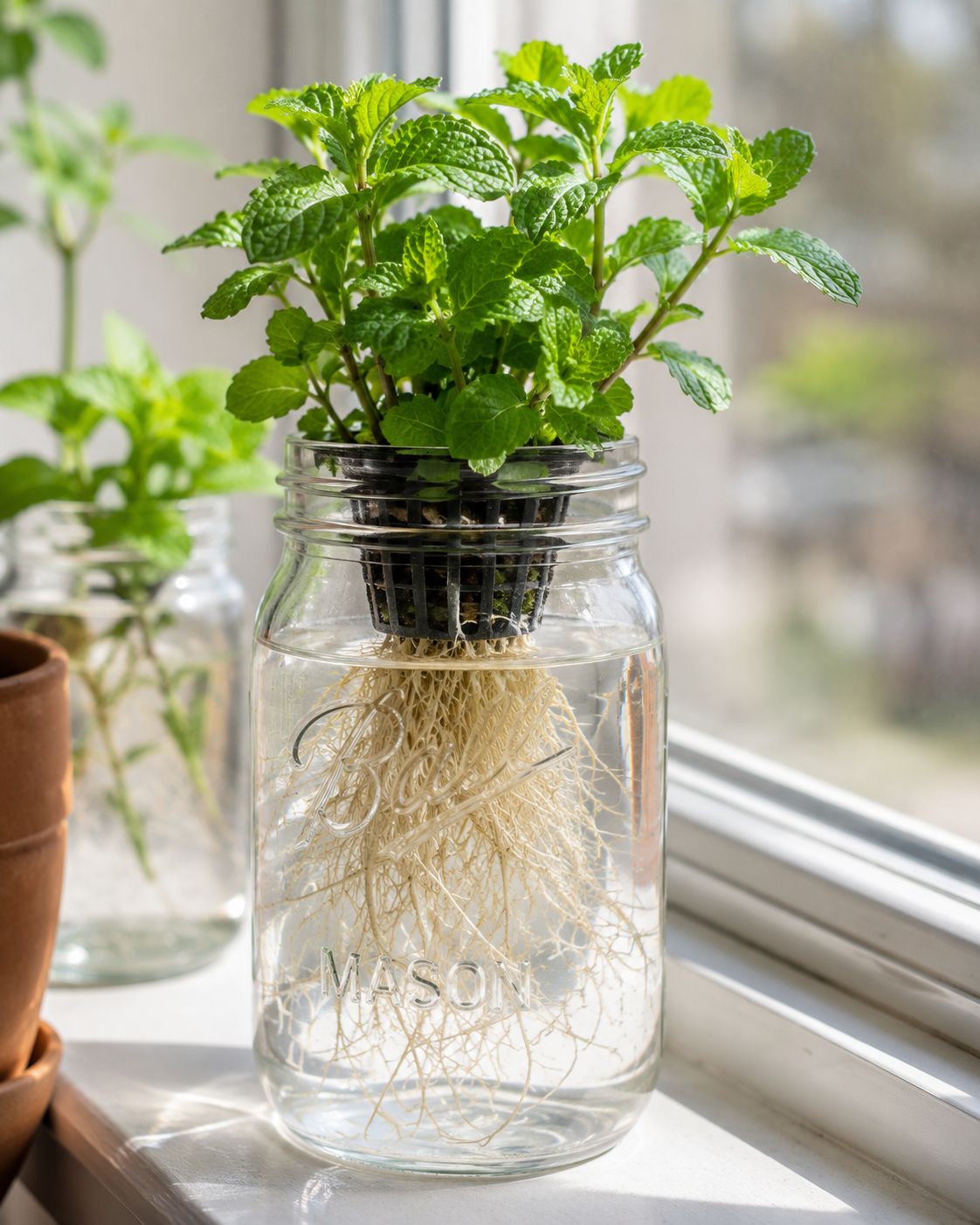 Close-up of a glass mason jar on a windowsill holding a mint cutting suspended by a net cup, roots visibly growing into the water below, bright natural light, simple DIY styling