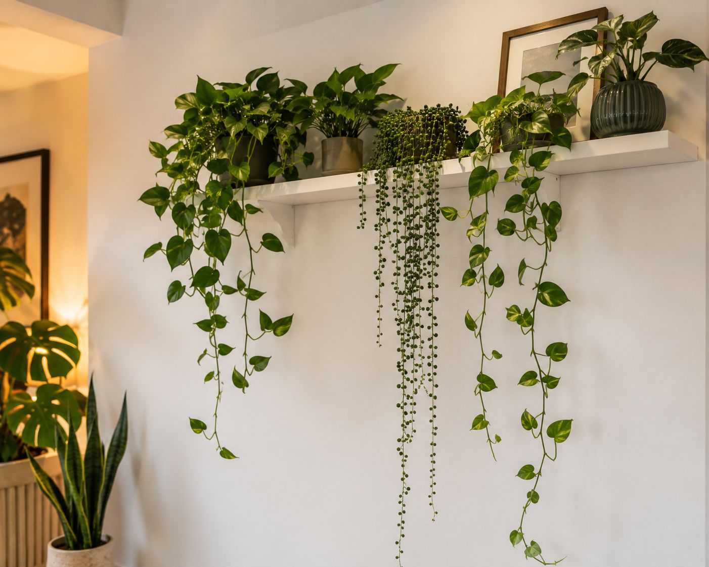 A high white floating shelf in a modern living room with trailing pothos and string of pearls cascading down the wall, warm ambient light, minimal interior, lifestyle photography