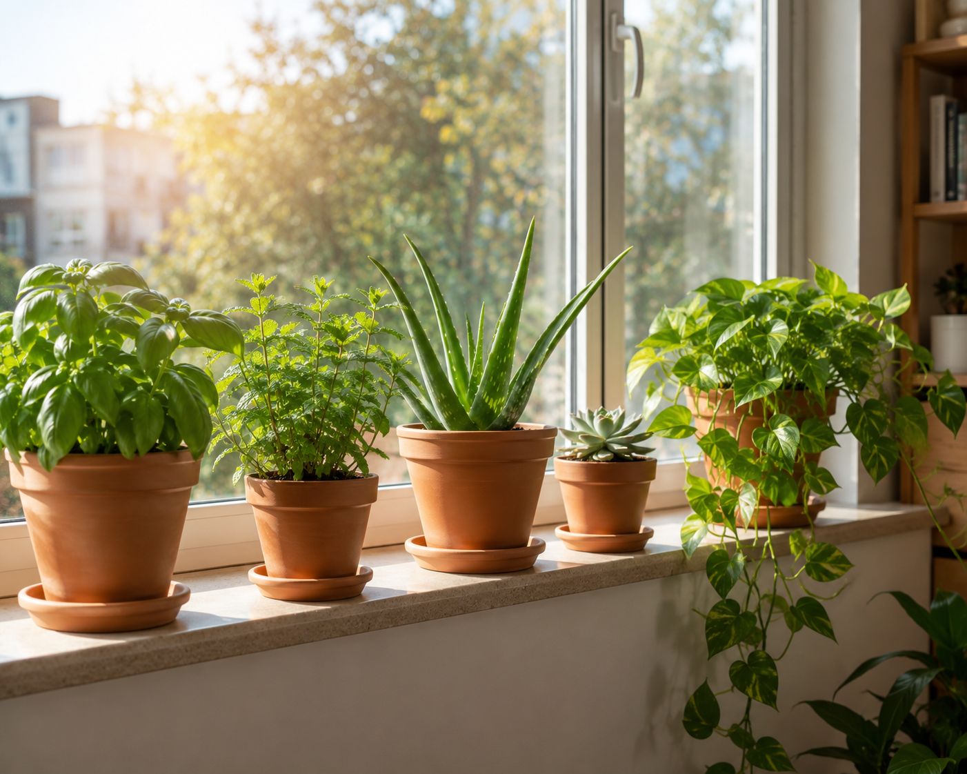 A wide windowsill styled as a plant bar with five terracotta pots of different sizes containing herbs and small plants — basil, mint, aloe vera, a small succulent, and trailing pothos — bright morning window light, warm lifestyle photography