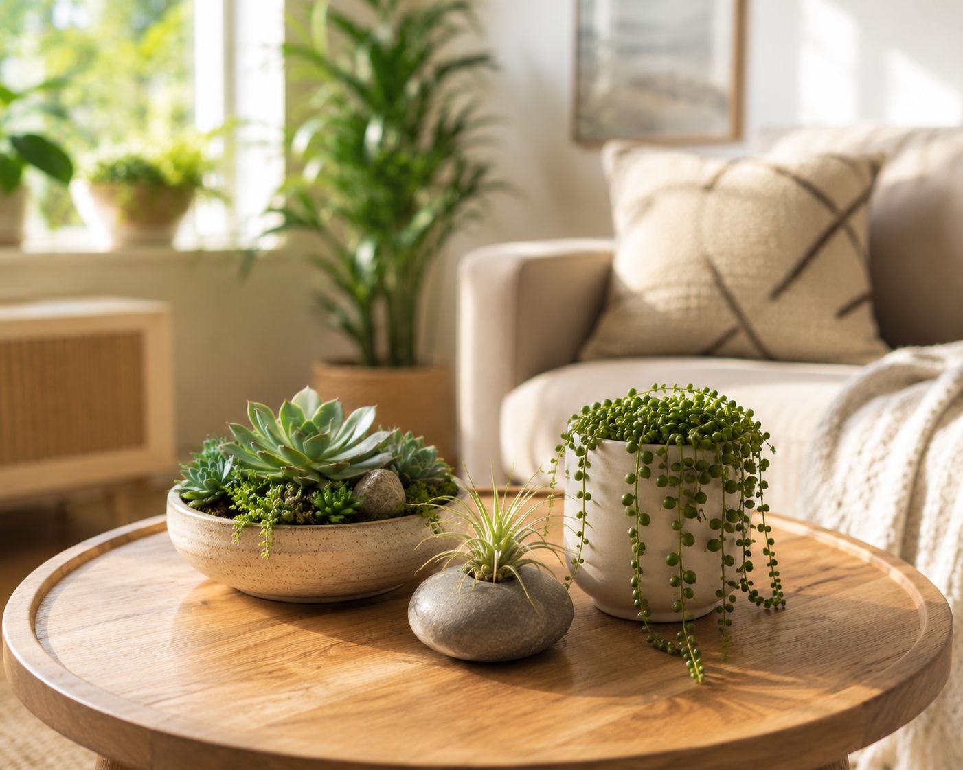 A round wooden coffee table with a small curated arrangement of three plants — a low succulent dish garden, a small air plant on a stone, and a trailing string of pearls in a white ceramic pot — morning light, warm Scandinavian living room, lifestyle photography