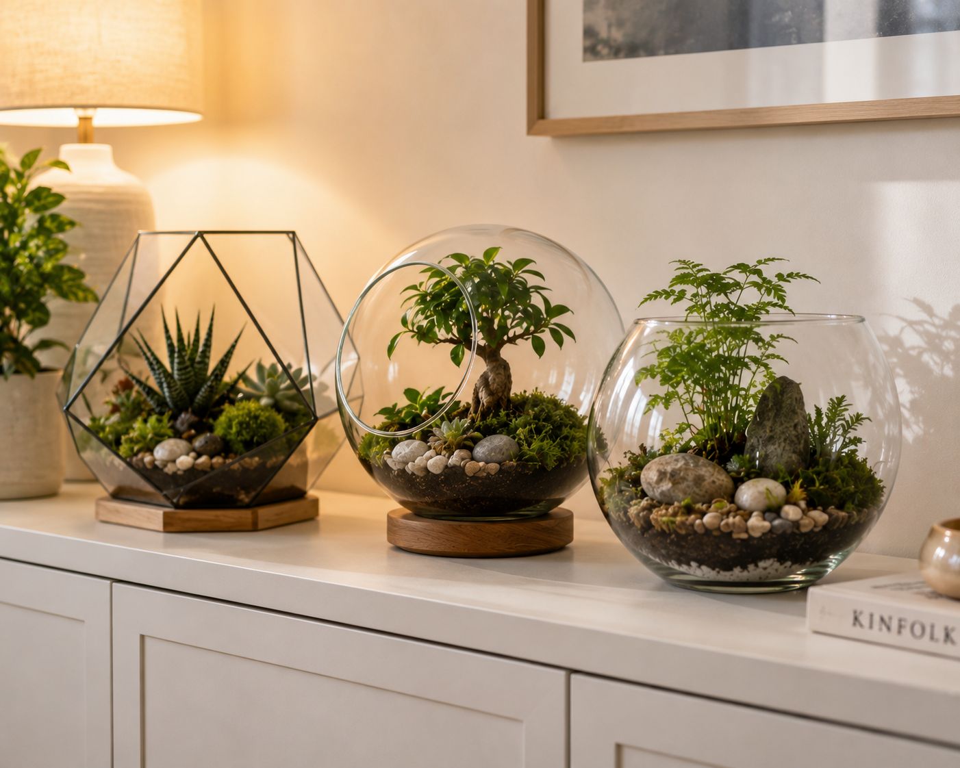 A collection of three glass terrariums of different shapes and sizes on a white sideboard, each containing small plants, moss, stones, and decorative elements — geometric, spherical, and open bowl designs — warm interior light, minimal living room, lifestyle photography