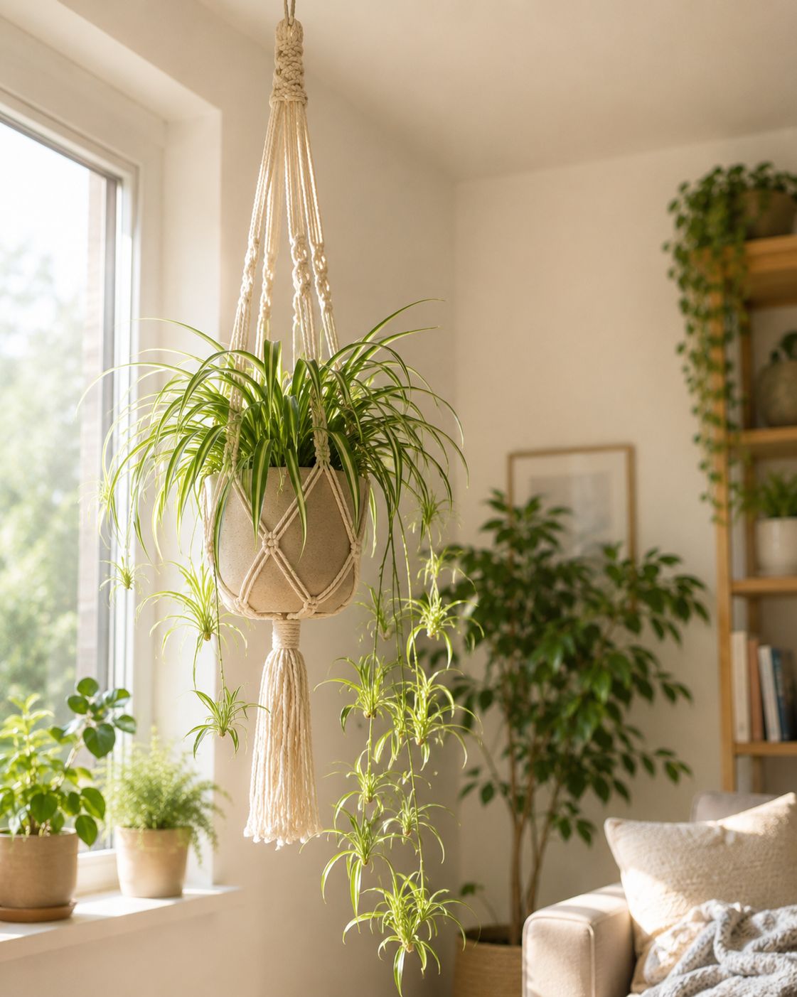 A macrame hanging planter suspended from the ceiling near a bright window, trailing spider plant cascading down, warm natural light, minimal interior, lifestyle photography