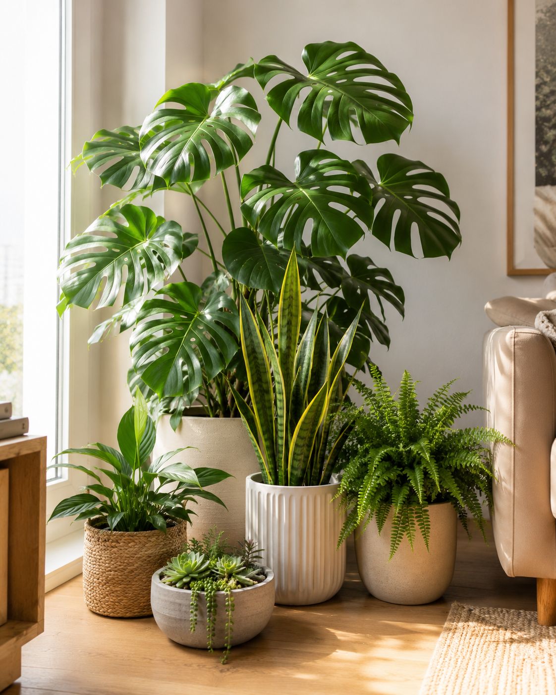 A layered cluster of five houseplants of varying heights grouped together on a living room floor, natural window light, neutral interior, lifestyle photography