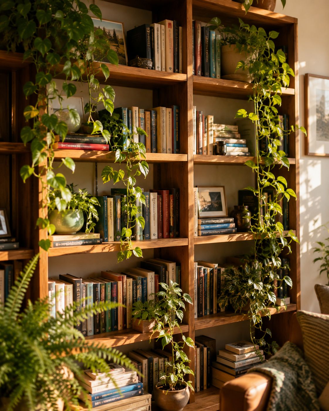 A wooden bookshelf filled with books and small trailing plants woven between the shelves, pothos vines cascading over book spines, cosy eclectic interior, lifestyle photography