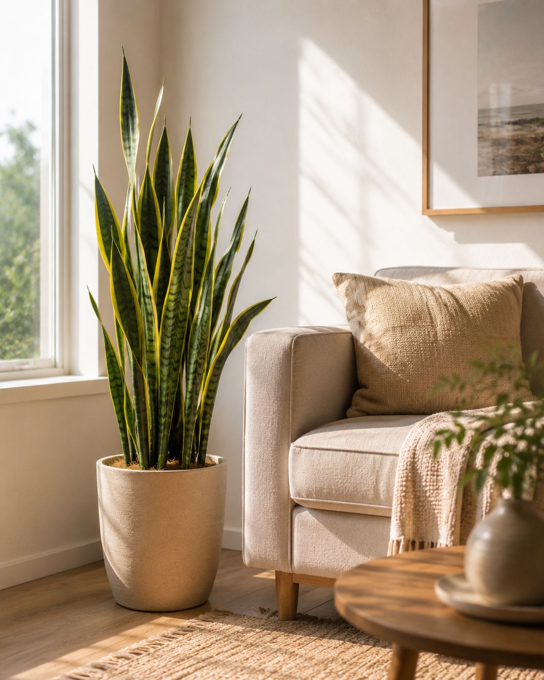 A tall snake plant in a simple floor pot positioned beside a linen sofa in a bright living room, minimal modern interior, lifestyle photography