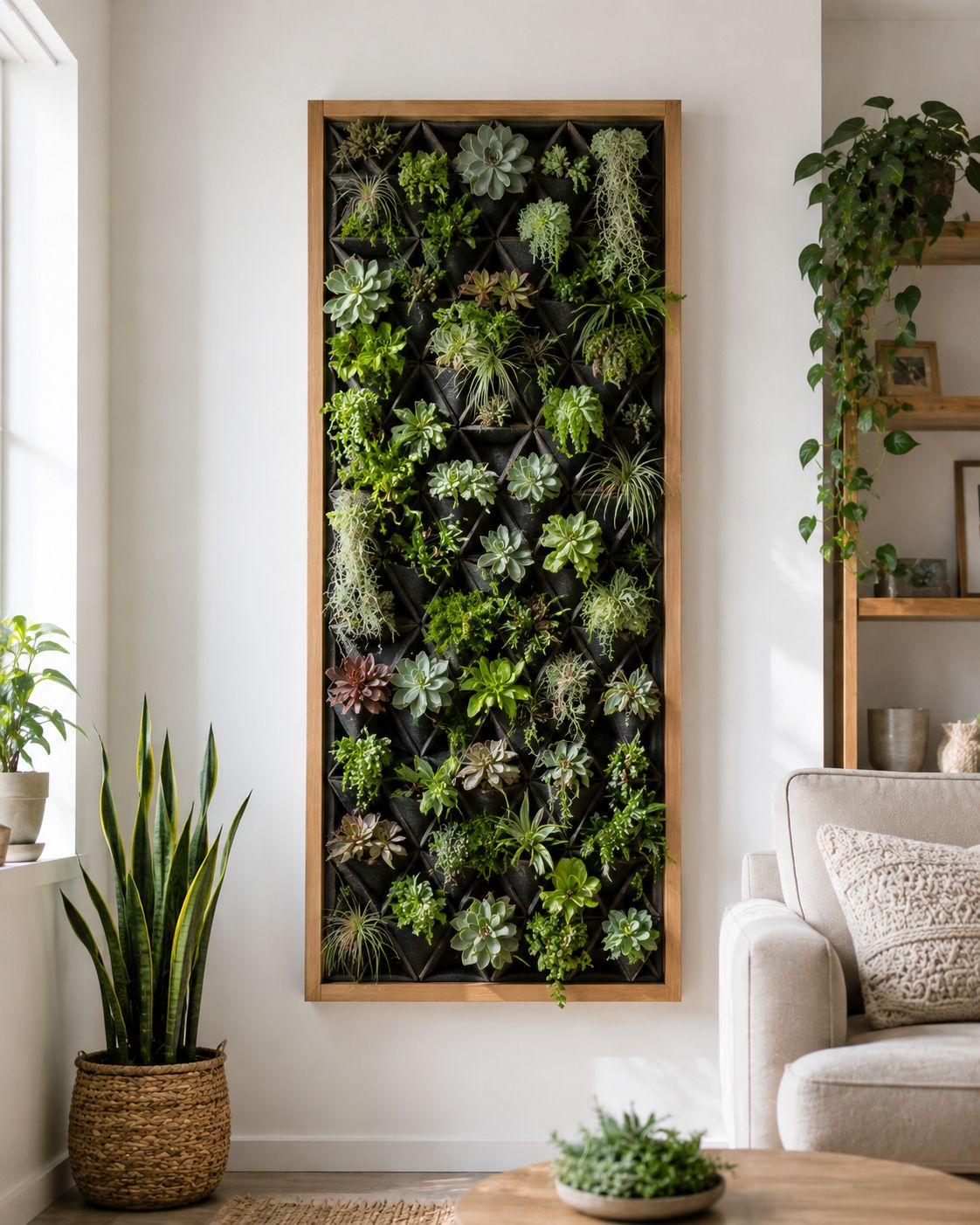 A framed vertical living wall panel mounted on a white living room wall, filled with small succulents and air plants in a geometric grid pattern, modern minimal interior, lifestyle photography