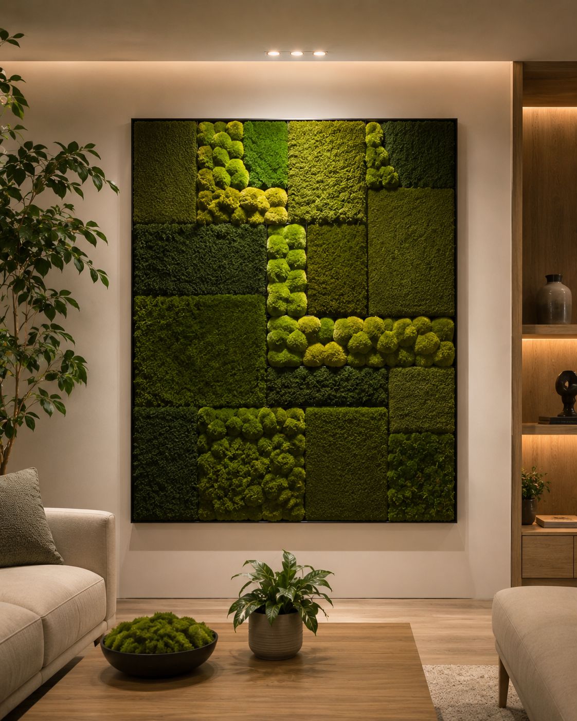 A preserved moss feature wall in a geometric rectangular pattern, mixed textures of flat sheet and cushion moss, warm ambient light, minimal modern interior, lifestyle photography