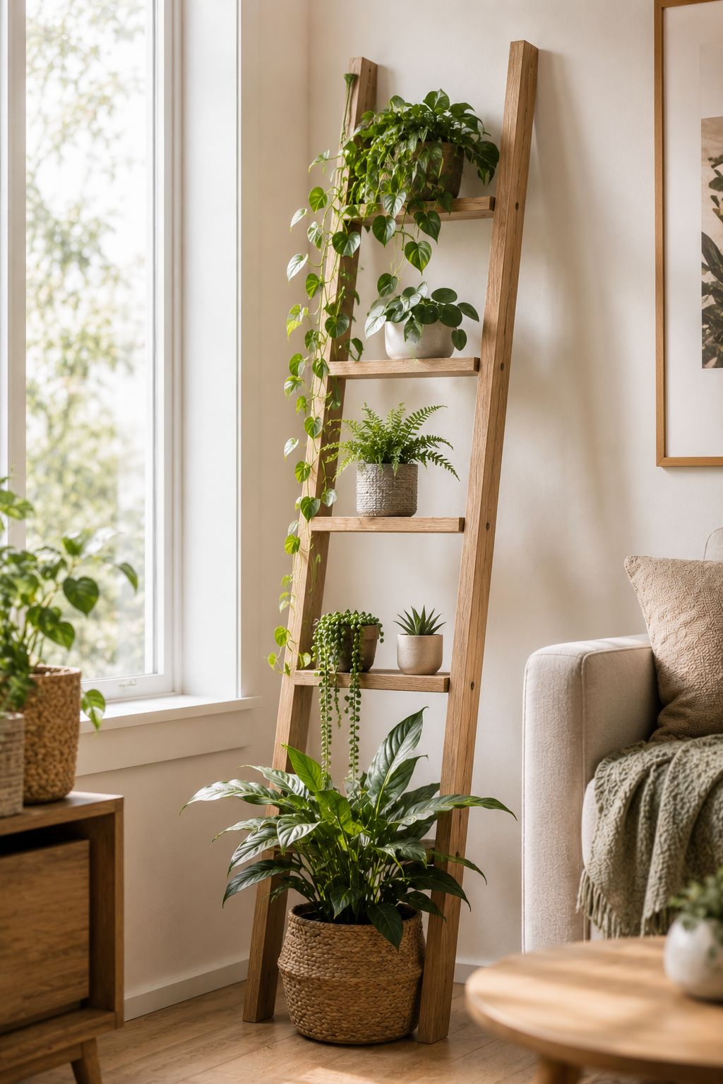A natural oak wooden ladder leaned against a living room wall near a window, styled with plant pots on each rung, trailing pothos cascading from the top, Scandinavian interior, lifestyle photography